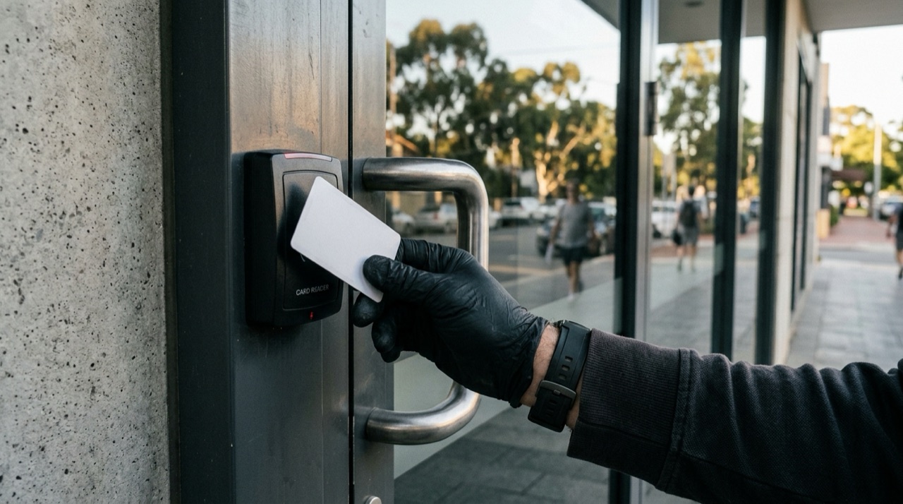 Black-gloved hand testing a commercial access-control card reader at the entry of a Perth office building