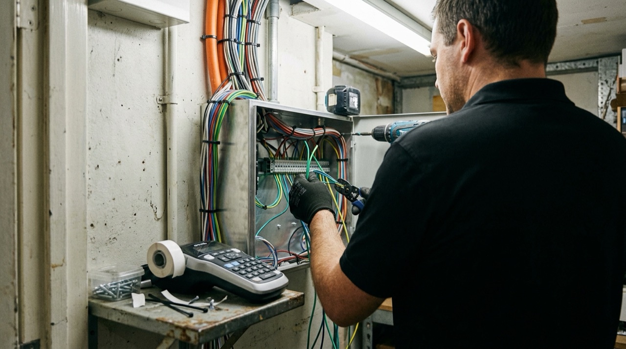 Lockdown Security technician installing a commercial alarm control panel in a back-of-house equipment cupboard