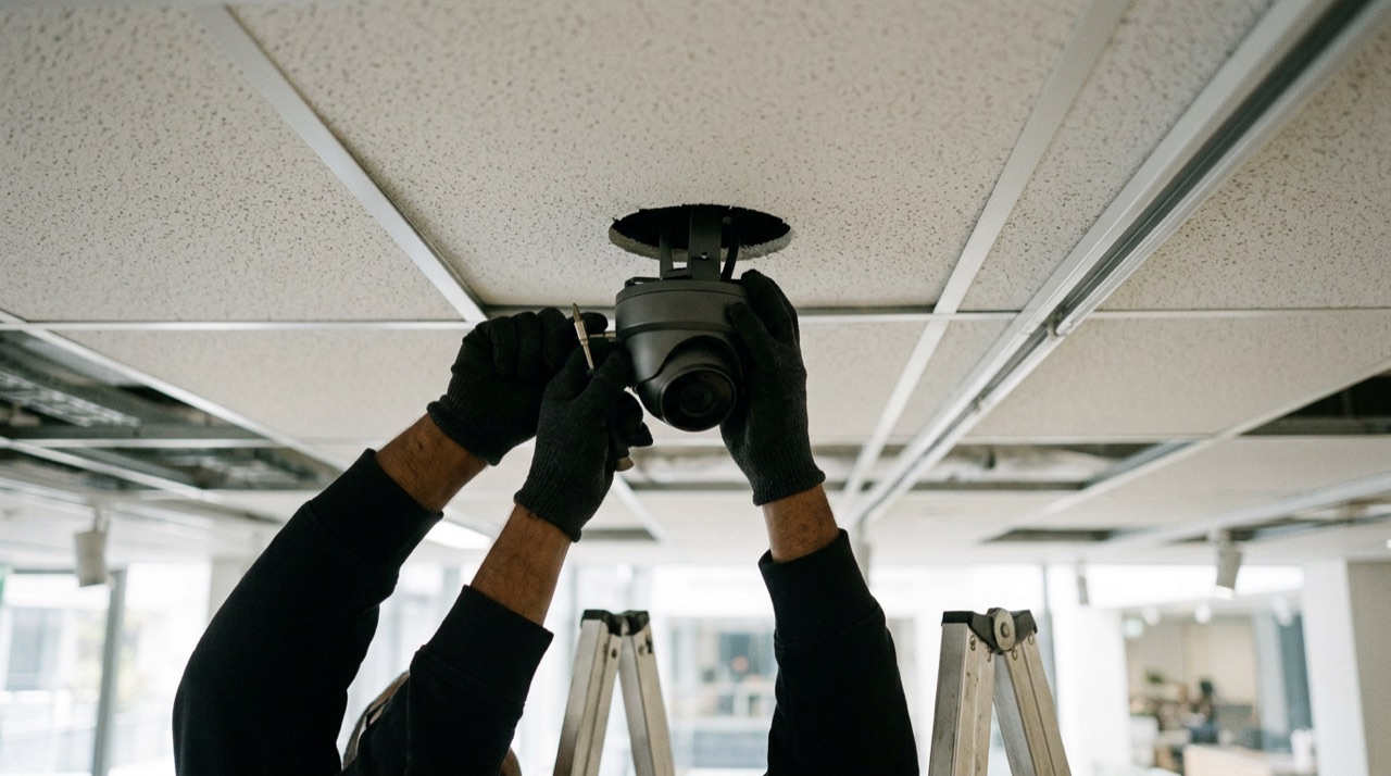 Lockdown Security installer mounting a commercial dome CCTV camera on a retail ceiling in Perth