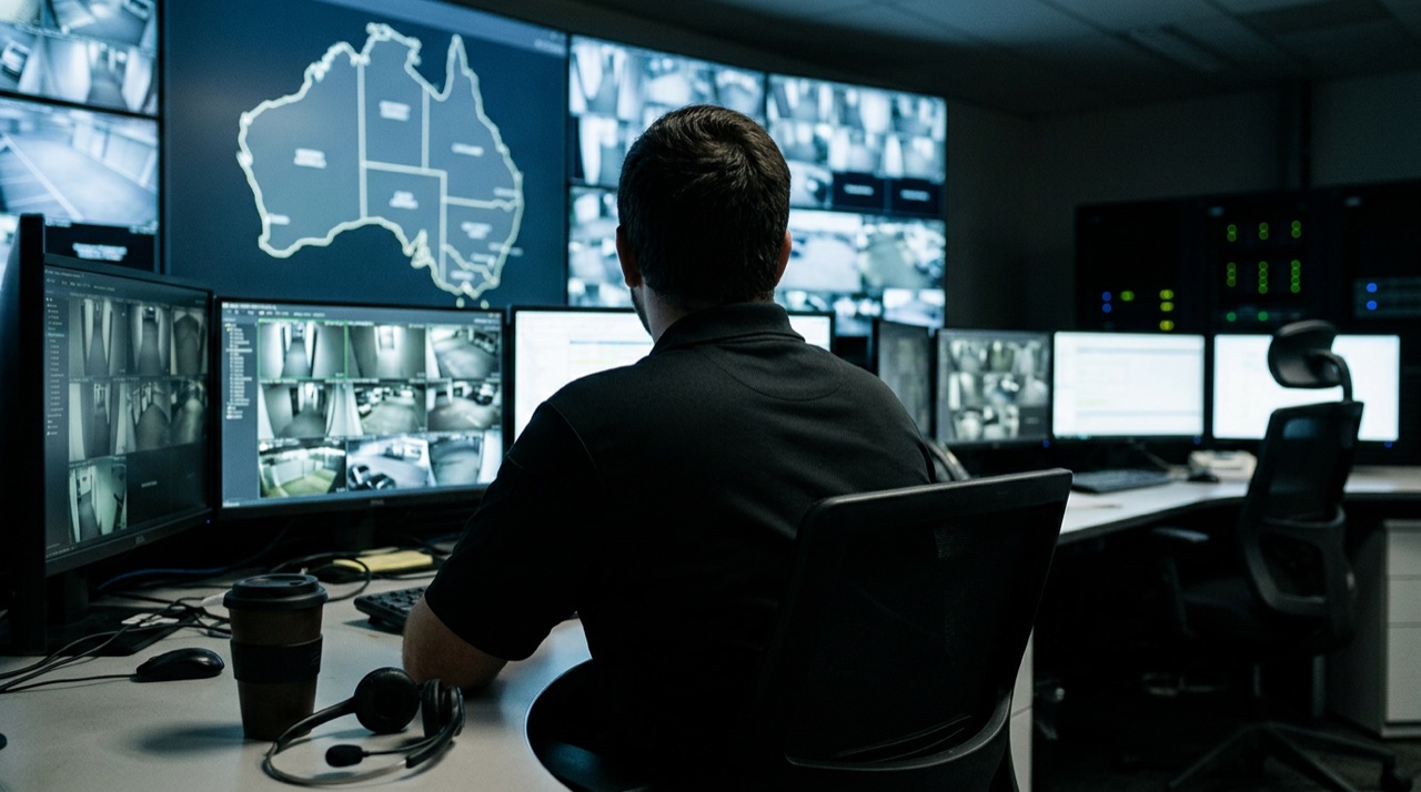 Security monitoring operator at a multi-screen WA monitoring station, watching live alarm and CCTV feeds
