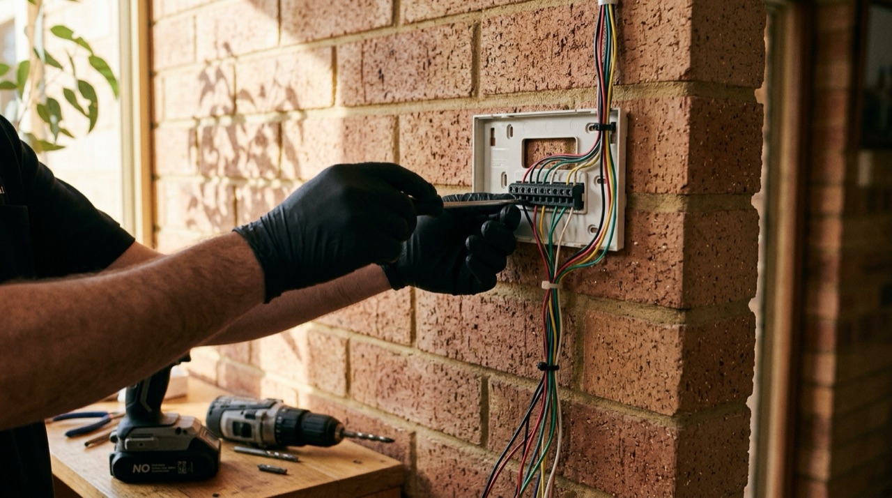 Lockdown Security technician wiring a residential alarm keypad on a brick interior wall in Mandurah
