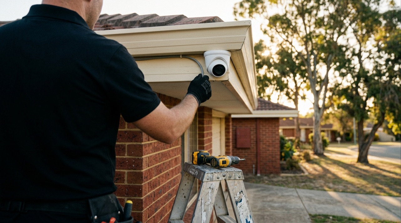 Lockdown Security technician installing a CCTV camera on the eaves of a Mandurah home