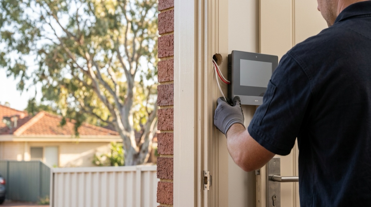 Lockdown Security installer mounting a video intercom panel beside the front door of a Perth home